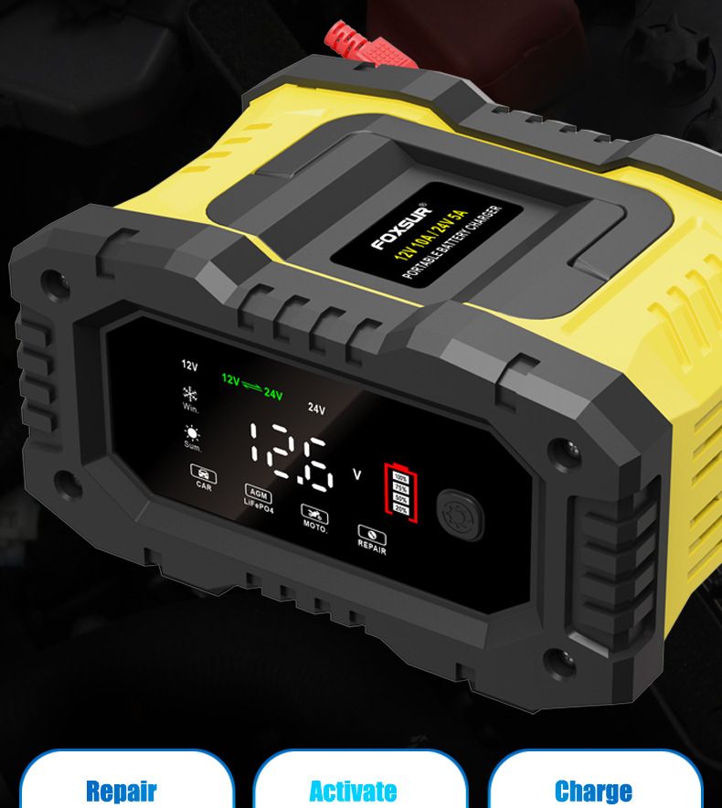 FOXSUR Chargeur de batterie de voiture portable 12V 24V Chargeur polyvalent pour AGM LiFePO4 acide de plomb moto camion