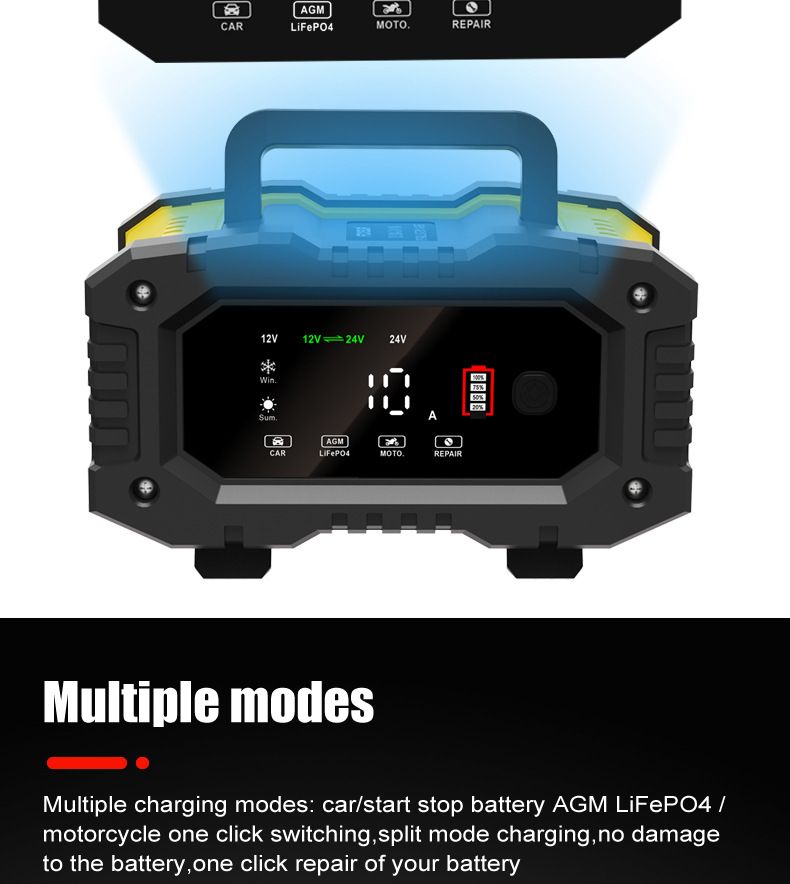 FOXSUR Chargeur de batterie de voiture portable 12V 24V Chargeur polyvalent pour AGM LiFePO4 acide de plomb moto camion