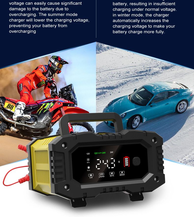 FOXSUR Chargeur de batterie de voiture portable 12V 24V Chargeur polyvalent pour AGM LiFePO4 acide de plomb moto camion