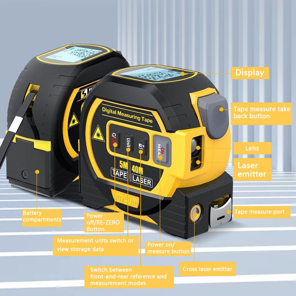Mètre ruban télémètre laser 3 en 1 avec rétroéclairage d'affichage LCD pour architectes, outils de rénovation domiciliaire