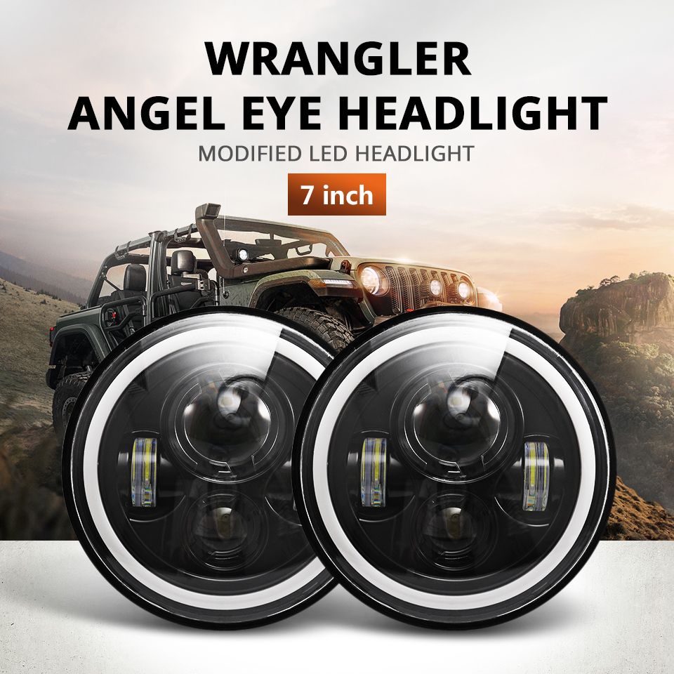 Phare LED 7 pouces pour moto Jeep Wrangler Lada Niva 4x4, design étanche avec œil d'ange jaune et blanc vif