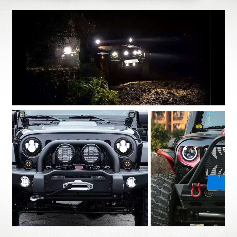 Phare LED 7 pouces pour moto Jeep Wrangler Lada Niva 4x4, design étanche avec œil d'ange jaune et blanc vif
