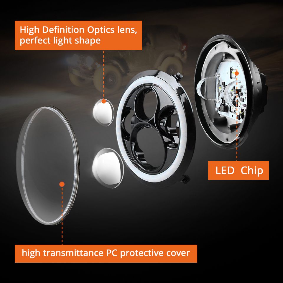 Phare LED 7 pouces pour moto Jeep Wrangler Lada Niva 4x4, design étanche avec œil d'ange jaune et blanc vif