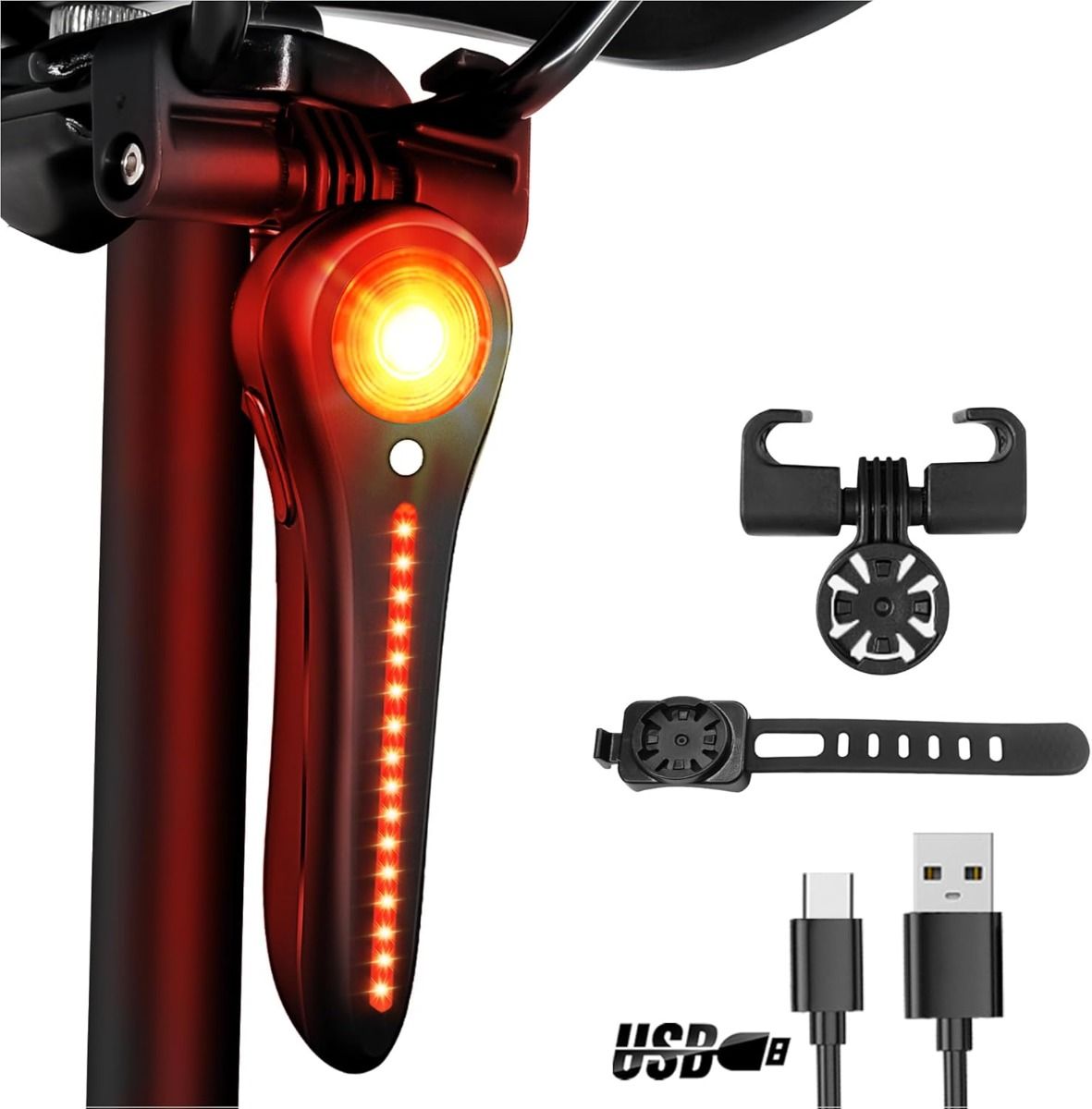 Feu arrière de vélo intelligent rechargeable USB-C, feu arrière de vélo super lumineux pour route et montagne, feu arrière de cyclisme