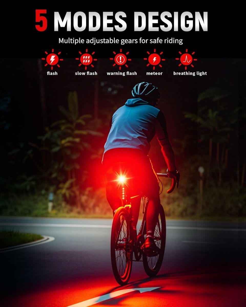 Feu arrière de vélo intelligent rechargeable USB-C, feu arrière de vélo super lumineux pour route et montagne, feu arrière de cyclisme