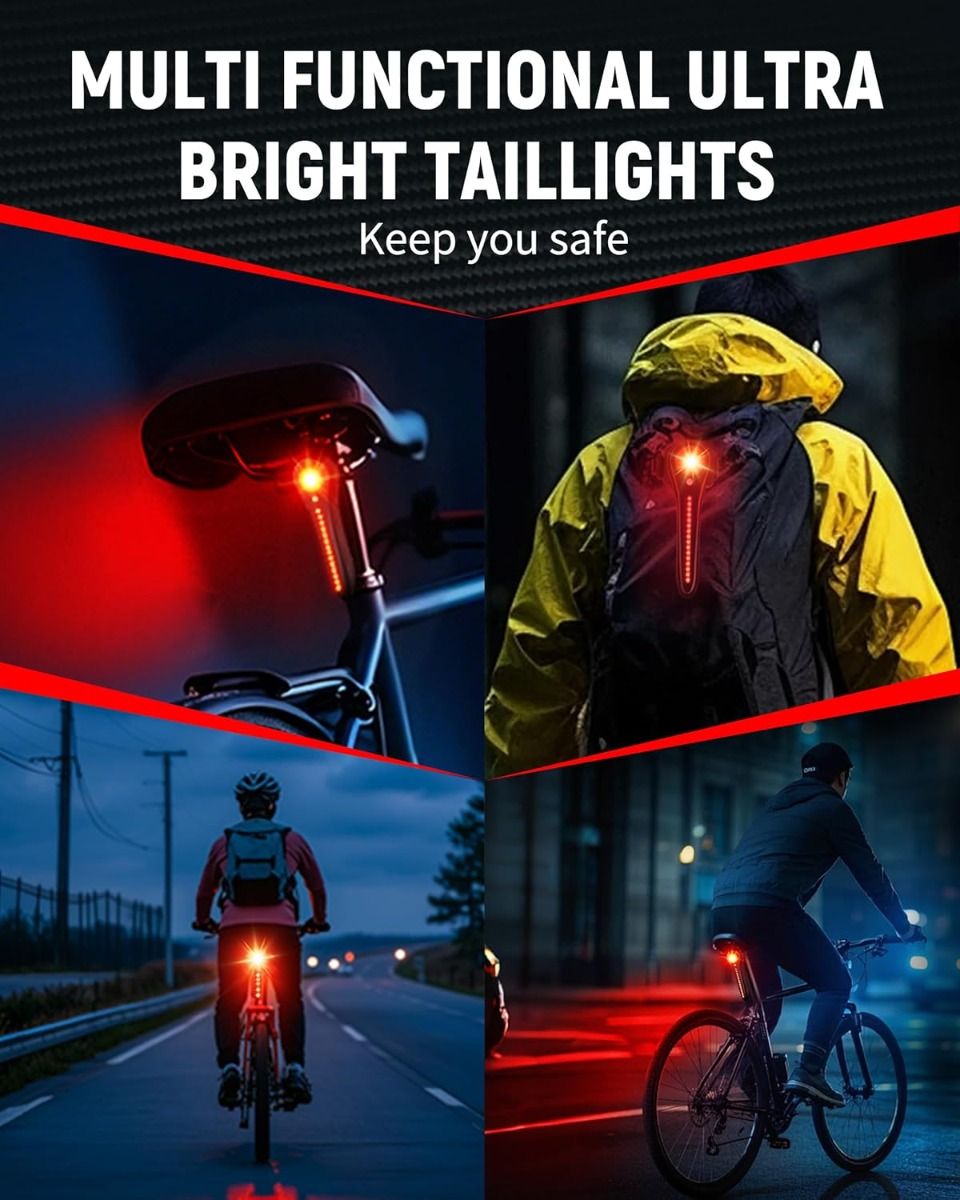 Feu arrière de vélo intelligent rechargeable USB-C, feu arrière de vélo super lumineux pour route et montagne, feu arrière de cyclisme