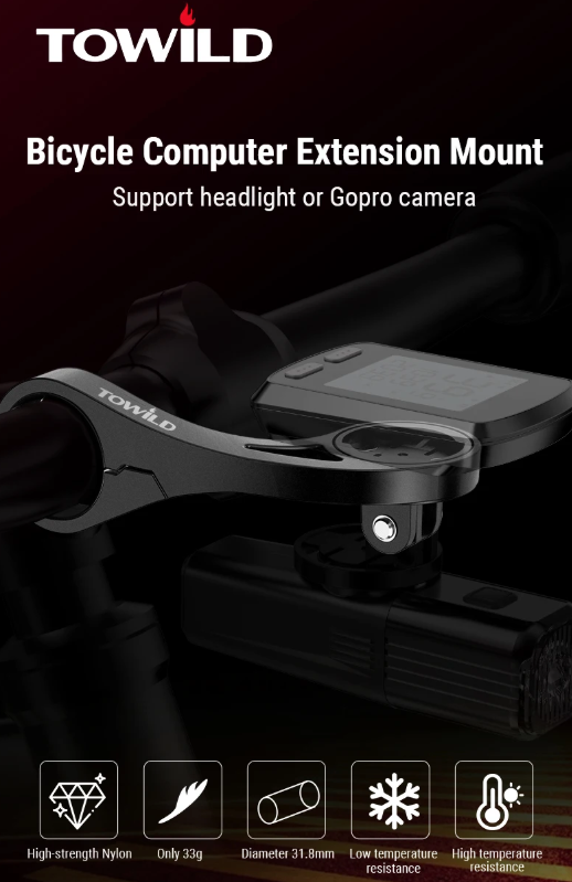 TOWILD AS90 Support de guidon de vélo prolongé Support de phare Support d'ordinateur Support de lampe lanterne Support en fibre