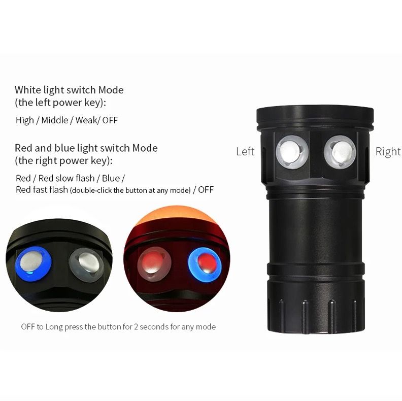 Lampe torche de plongée B11 LED rouge bleu blanc - Lumière pour photographie sous-marine 80M, lanterne de plongée pour exploration marine