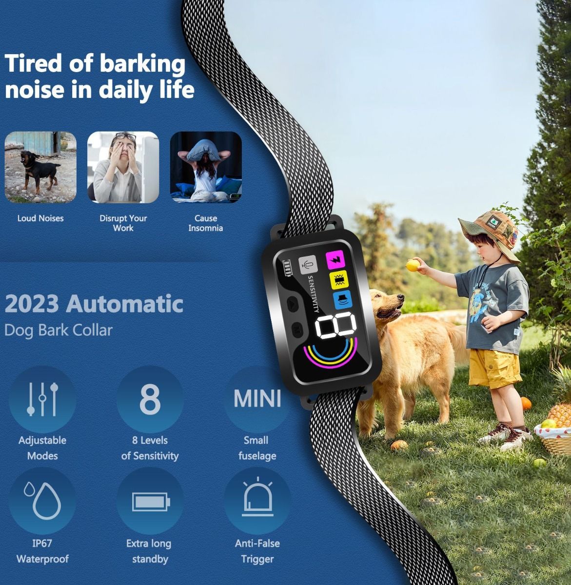 Collier anti-aboiement automatique intelligent pour chien avec modes de dressage réglables, conception étanche et technologie de détection des aboiements