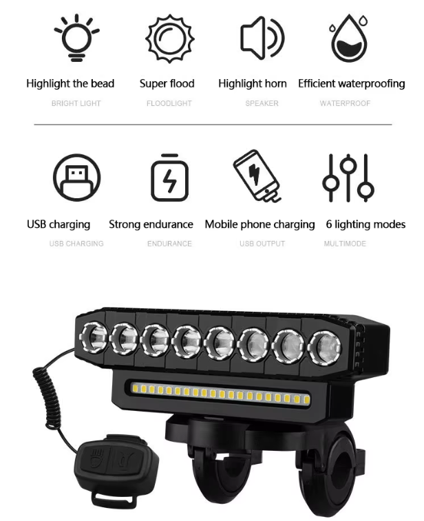 Lampe avant de vélo rechargeable USB avec klaxon cycliste 120 dB, design étanche pour cyclistes et navetteurs urbains