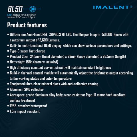 IMALENT BL50 Lampe de poche EDC 3600 Lumens Compacte Rechargeable Type-C avec Écran OLED pour Aventures en Plein Air
