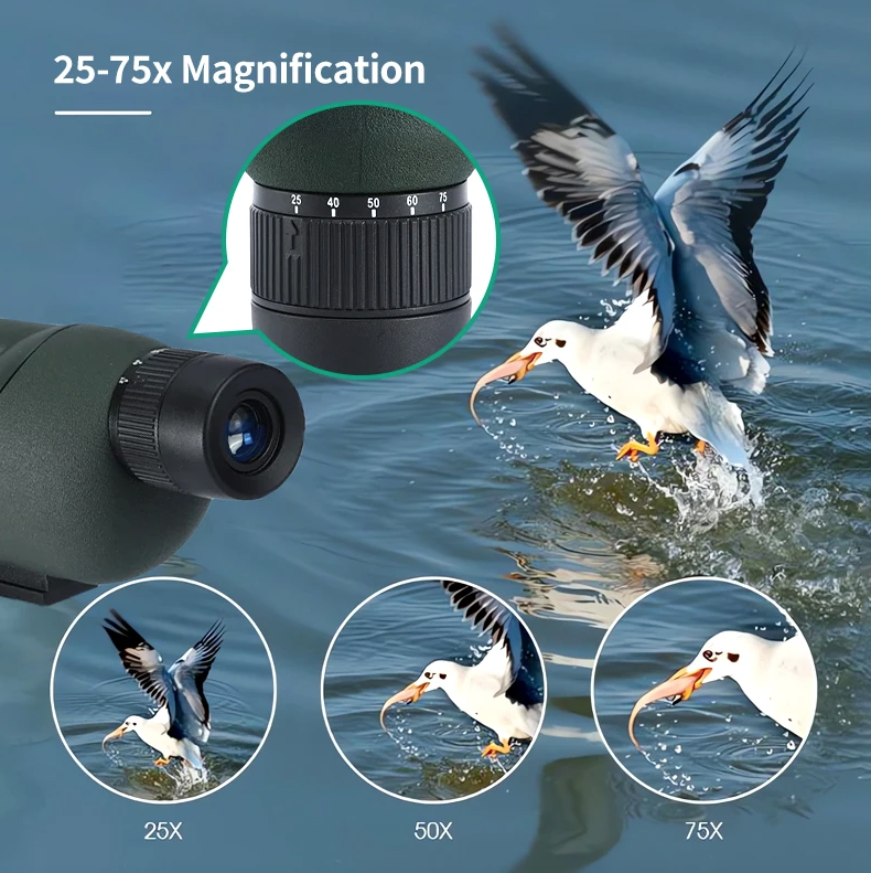Longue-vue de zoom 25-75x60 avec lentille ED, monoculaire puissant, prisme Bak4, télescope pour camping en plein air et observation des oiseaux