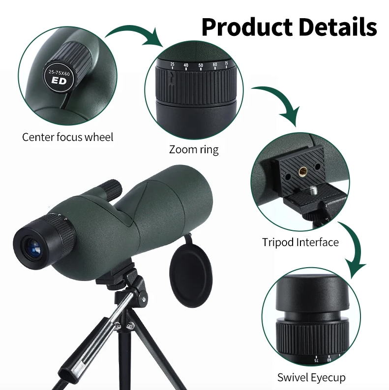 Longue-vue de zoom 25-75x60 avec lentille ED, monoculaire puissant, prisme Bak4, télescope pour camping en plein air et observation des oiseaux