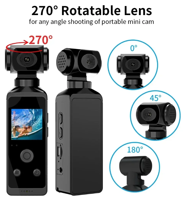 Caméra d'action de poche 4K Ultra HD rotative à 270° Vlog WiFi Mini Caméra Sport pour Casque Voyage Vélo Enregistreur de Conduite