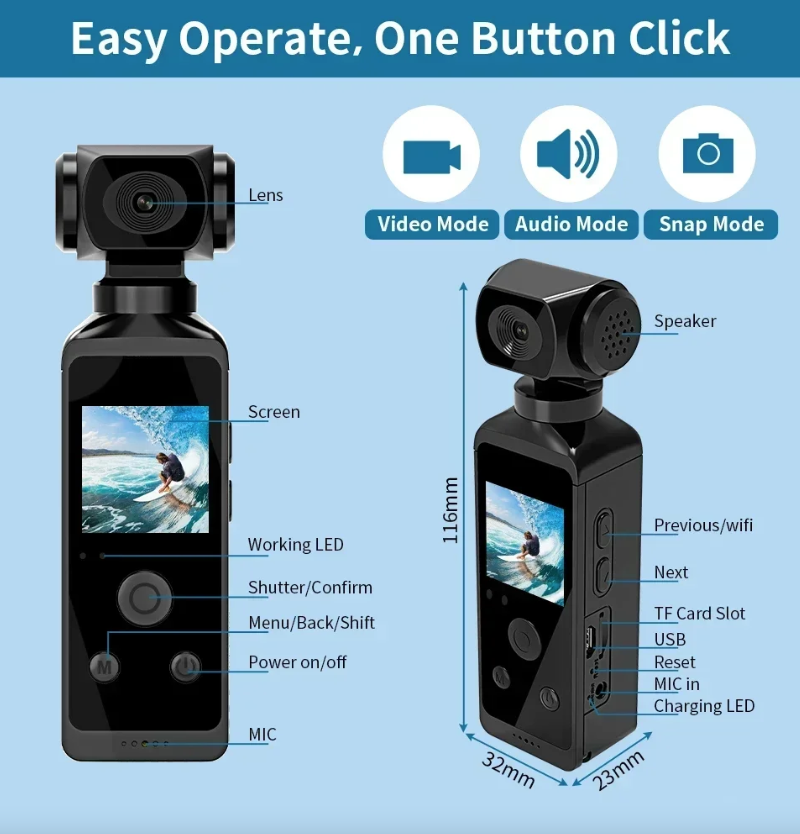Caméra d'action de poche 4K Ultra HD rotative à 270° Vlog WiFi Mini Caméra Sport pour Casque Voyage Vélo Enregistreur de Conduite