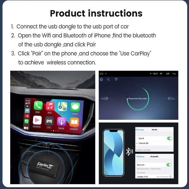 CarlinKit Dongle USB CarPlay Android Auto Connectivité sans fil Installation facile Appels mains libres Musique