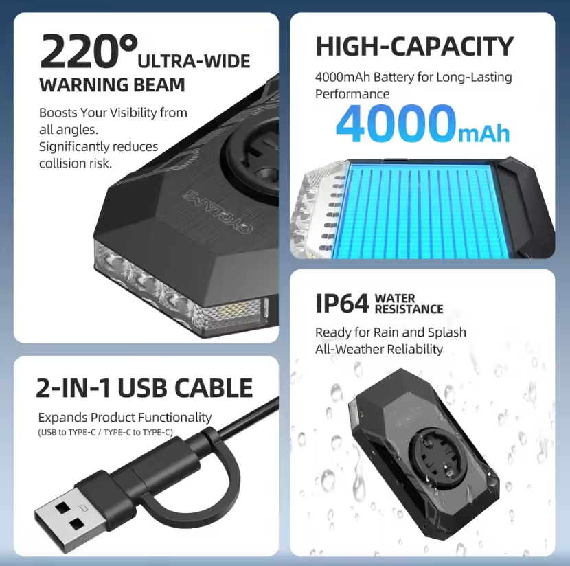 CYCLAMI CL350 Feu avant de vélo 4000mAh avec charge Type-C
