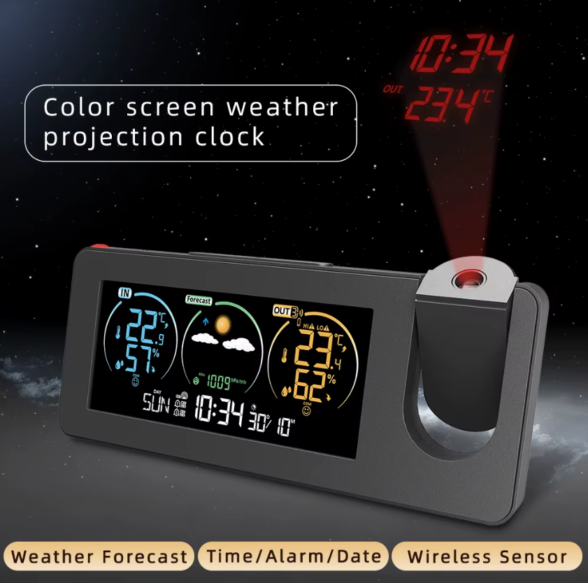 Horloge projecteur innovante murale numérique avec réveil et prévisions météo, design élégant pour la décoration intérieure.