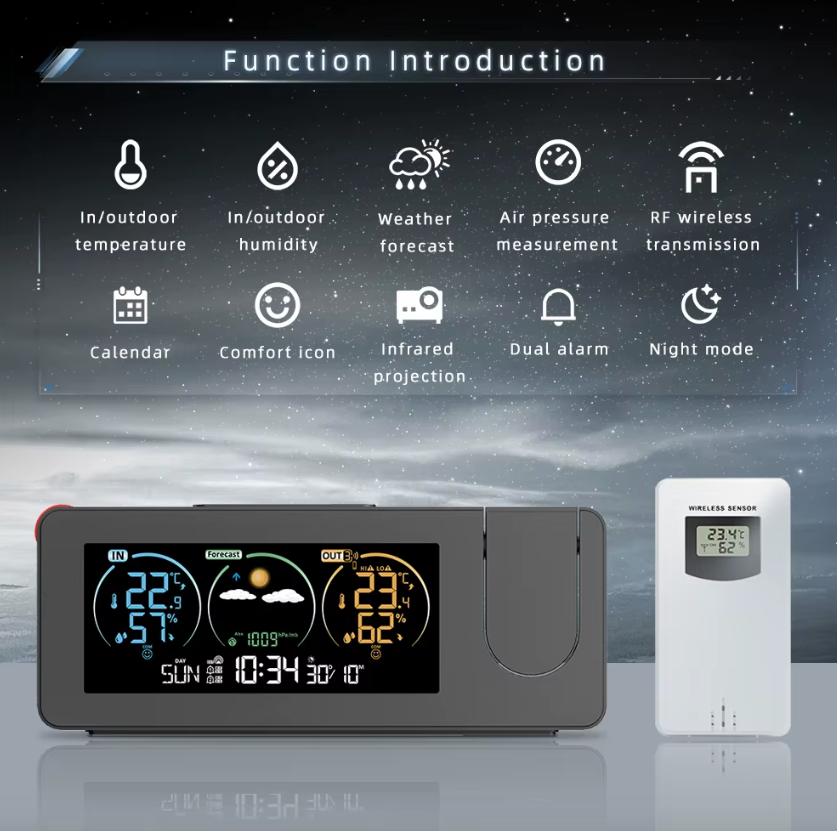 Horloge projecteur innovante murale numérique avec réveil et prévisions météo, design élégant pour la décoration intérieure.