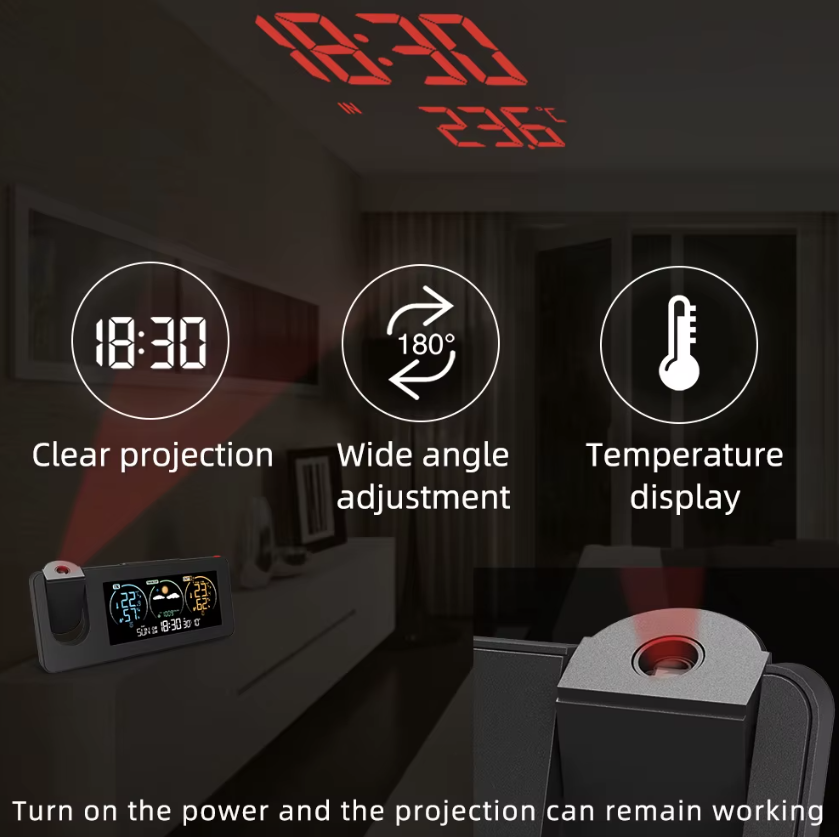 Horloge projecteur innovante murale numérique avec réveil et prévisions météo, design élégant pour la décoration intérieure.