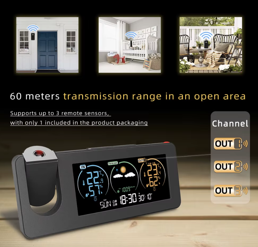 Horloge projecteur innovante murale numérique avec réveil et prévisions météo, design élégant pour la décoration intérieure.