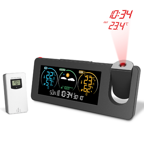 Horloge projecteur innovante murale numérique avec réveil et prévisions météo, design élégant pour la décoration intérieure.