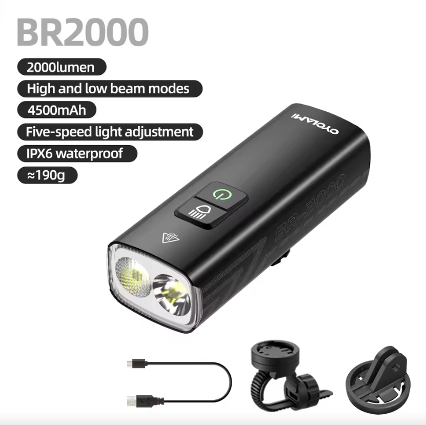 CYCLAMI Feu avant de vélo BR2000 Lampe avant pour vélo Type-C VTT Route Lampe haute visibilité pour guidon Éclairage cyclisme