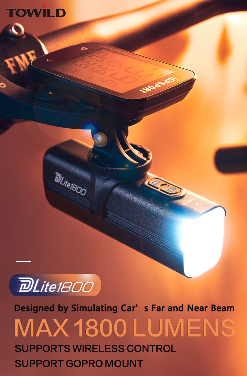 TOWILD DLite 1800 Feu de vélo rechargeable USB 2100 lumens Phare avant étanche Sécurité cycliste Batterie 5000mAh