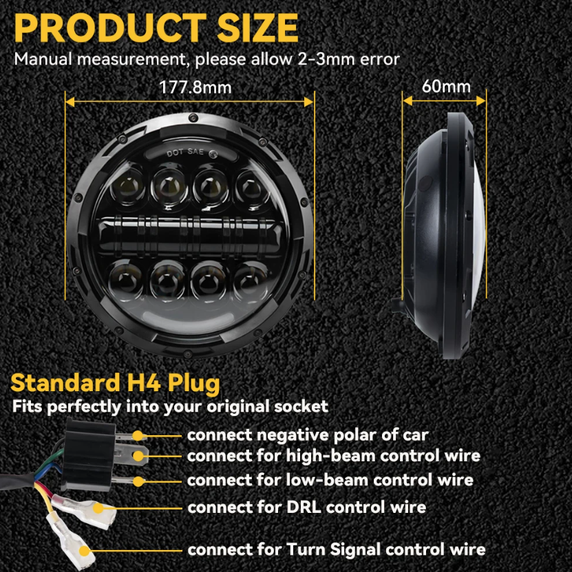 Phare moto LED 7 pouces Harley Jeep Wrangler 75W aluminium moulé étanche IP67 faisceau DRL lumière blanche 6000K