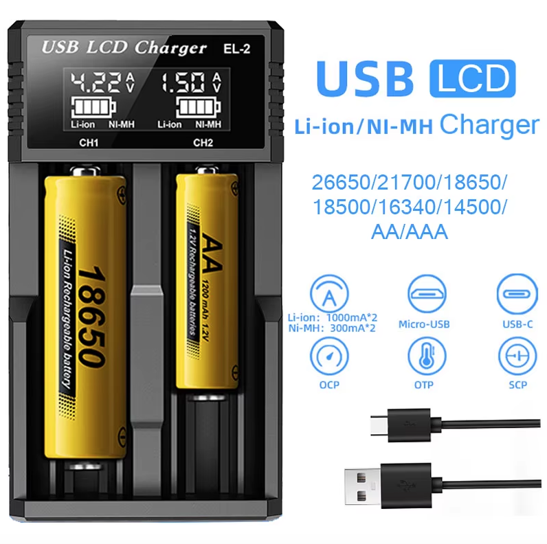 Chargeur intelligent USB à écran LCD, chargeur efficace pour piles 18650, AA, AAA, avec affichage LCD, polyvalent et portable.