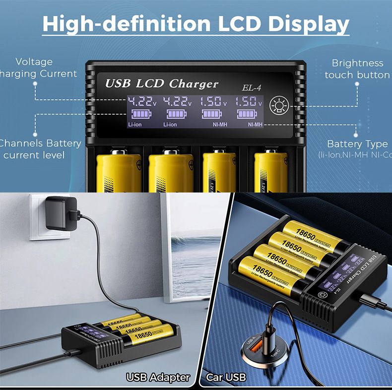 Chargeur intelligent USB à écran LCD, chargeur efficace pour piles 18650, AA, AAA, avec affichage LCD, polyvalent et portable.