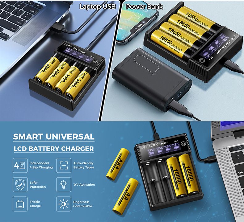 Chargeur intelligent USB à écran LCD, chargeur efficace pour piles 18650, AA, AAA, avec affichage LCD, polyvalent et portable.