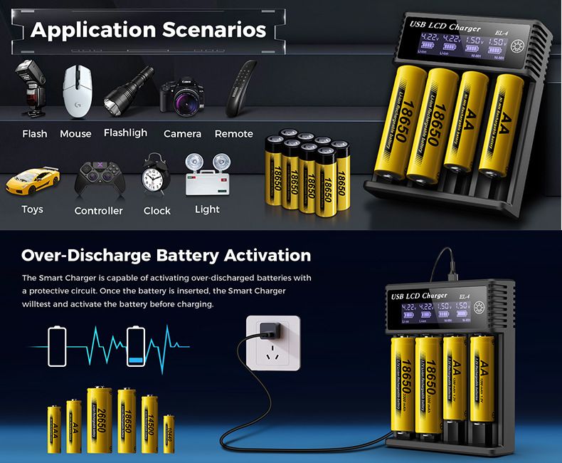 Chargeur intelligent USB à écran LCD, chargeur efficace pour piles 18650, AA, AAA, avec affichage LCD, polyvalent et portable.