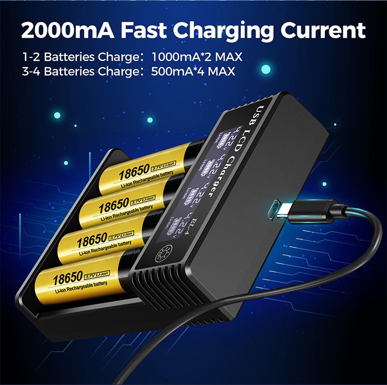 Chargeur intelligent USB à écran LCD, chargeur efficace pour piles 18650, AA, AAA, avec affichage LCD, polyvalent et portable.