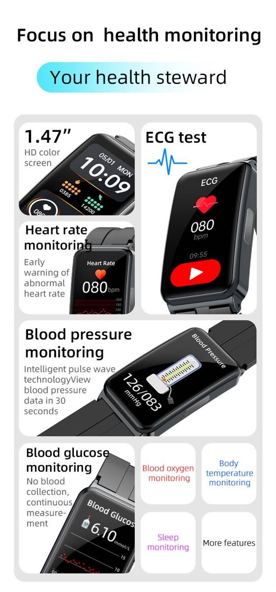 EP01 Montre Connectée Smartwatch Santé ECG PPG Glycémie Température FC Sommeil Sport Fitness Tracker HD 1.47" Android iOS