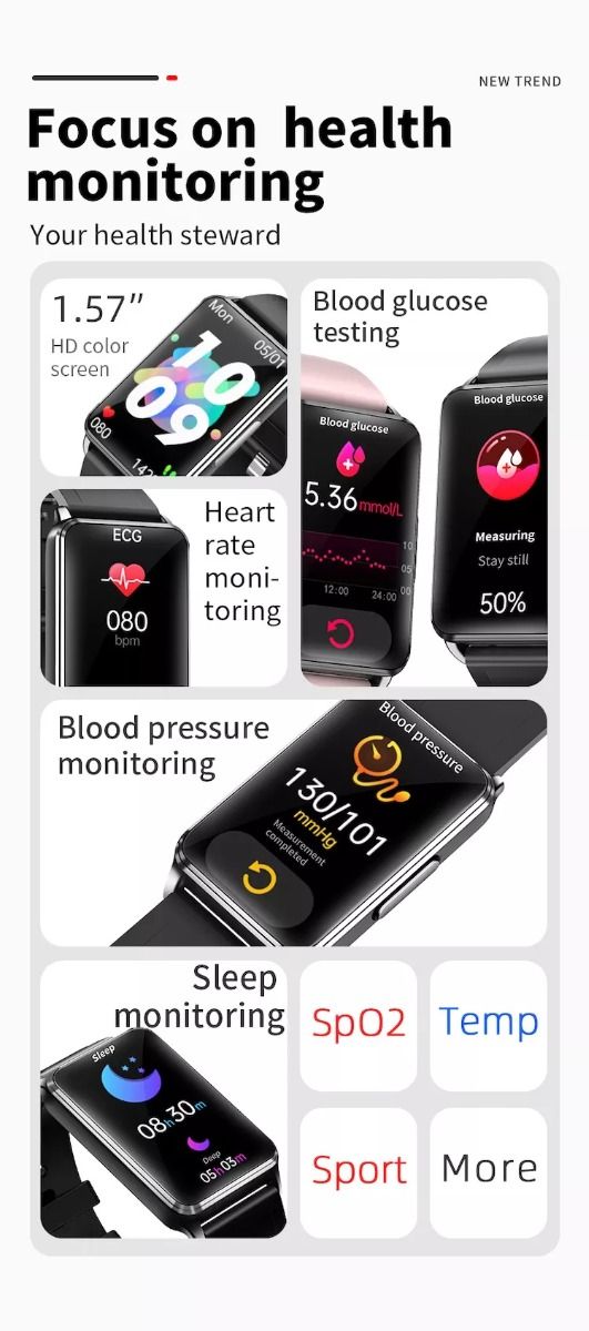 EP02 Smart Watch Glycémie ECG PPG Température Fréquence Cardiaque IPS HD Étanche Fitness Tracker Sommeil/HRV