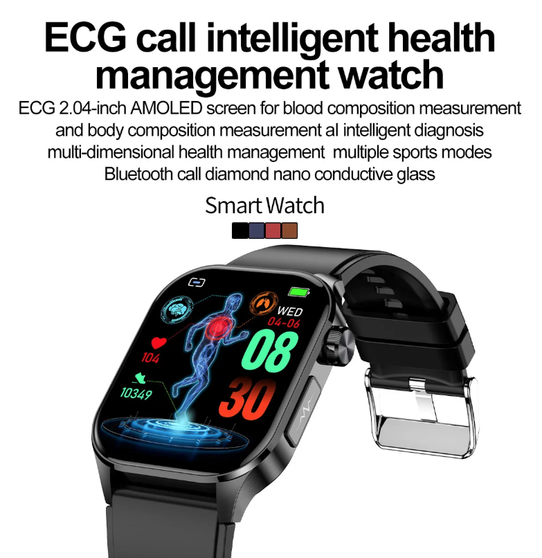 E580 Montre intelligente de glycémie ECG Fréquence cardiaque Tension artérielle IP68 Montre intelligente étanche