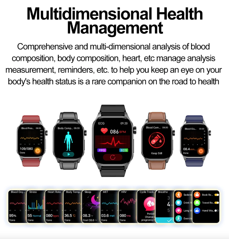 E580 Montre intelligente de glycémie ECG Fréquence cardiaque Tension artérielle IP68 Montre intelligente étanche