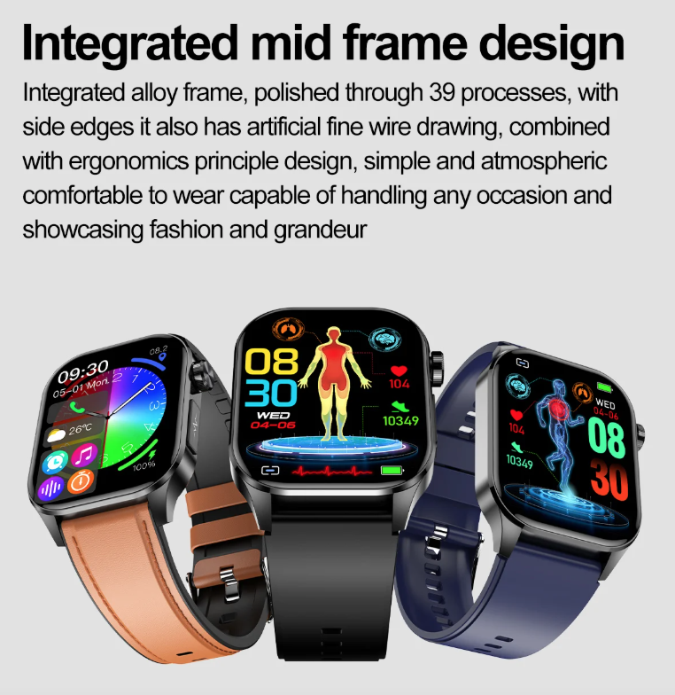 E580 Montre intelligente de glycémie ECG Fréquence cardiaque Tension artérielle IP68 Montre intelligente étanche