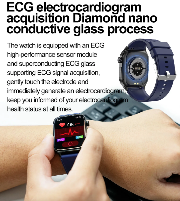 E580 Montre intelligente de glycémie ECG Fréquence cardiaque Tension artérielle IP68 Montre intelligente étanche