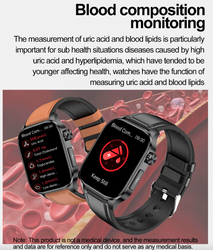 E580 Montre intelligente de glycémie ECG Fréquence cardiaque Tension artérielle IP68 Montre intelligente étanche