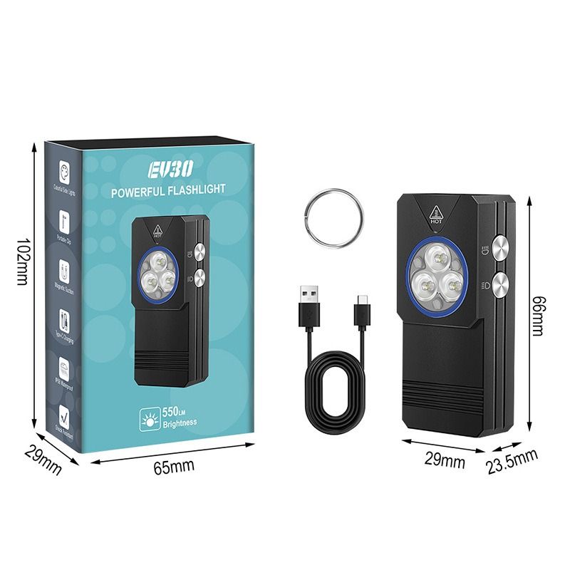 Lampe de poche EV30 Mini LED EDC avec lumière UV 365nm, 550 lumens, lampe de poche rechargeable USB-C pour porte-clés de poche