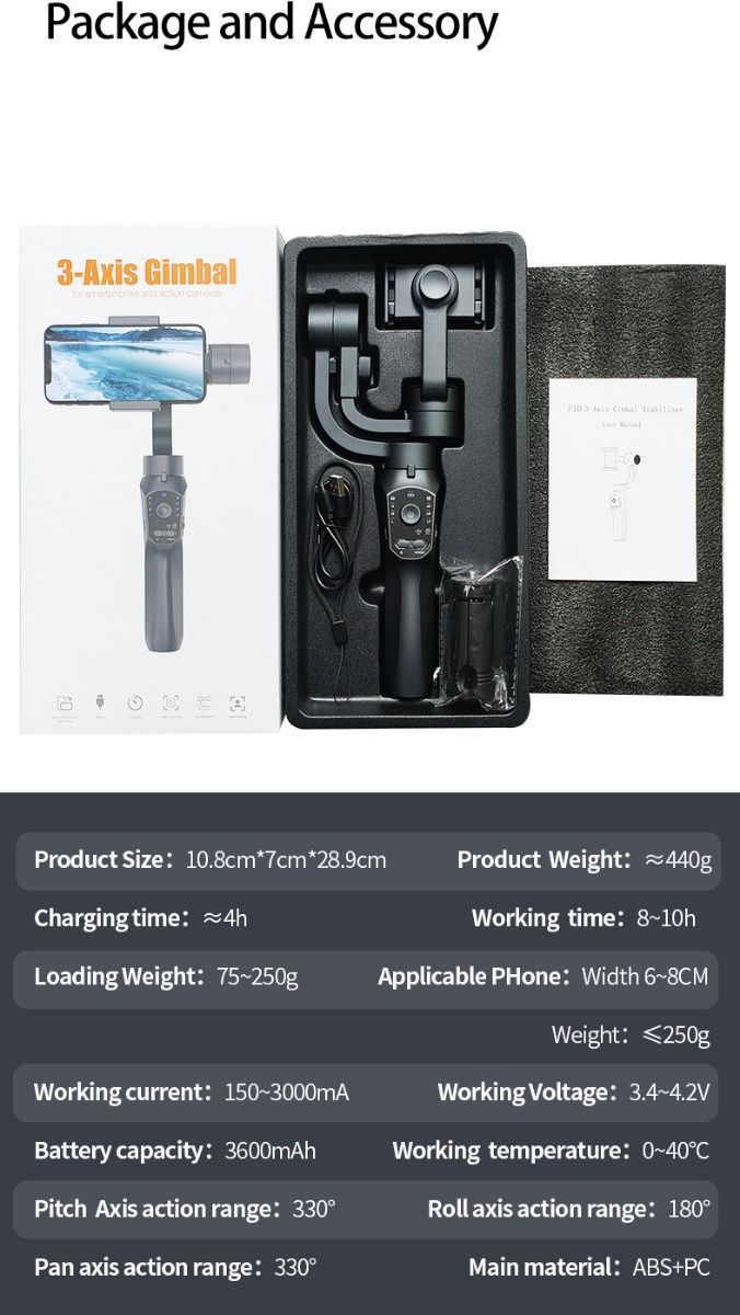 Stabilisateur F10 Pro cardan 3 axes pour vidéographie mobile et qualité vidéo fluide compatible Android iPhone