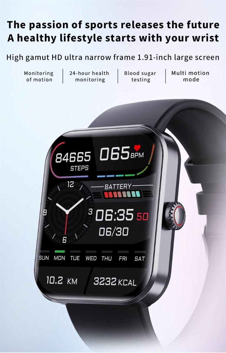 F57L Montre intelligente Glycémie Tension artérielle Fréquence cardiaque Température Surveillance sportive 1,91 pouce Sn
