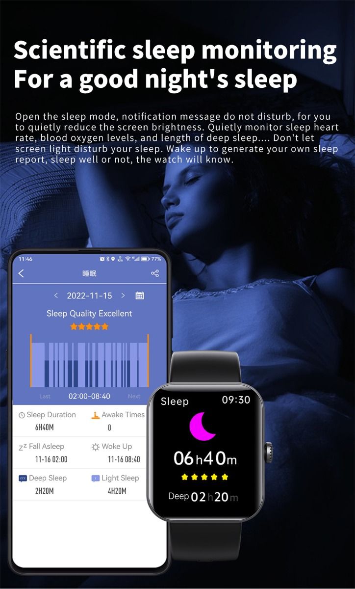 F57L Montre intelligente Glycémie Tension artérielle Fréquence cardiaque Température Surveillance sportive 1,91 pouce Sn