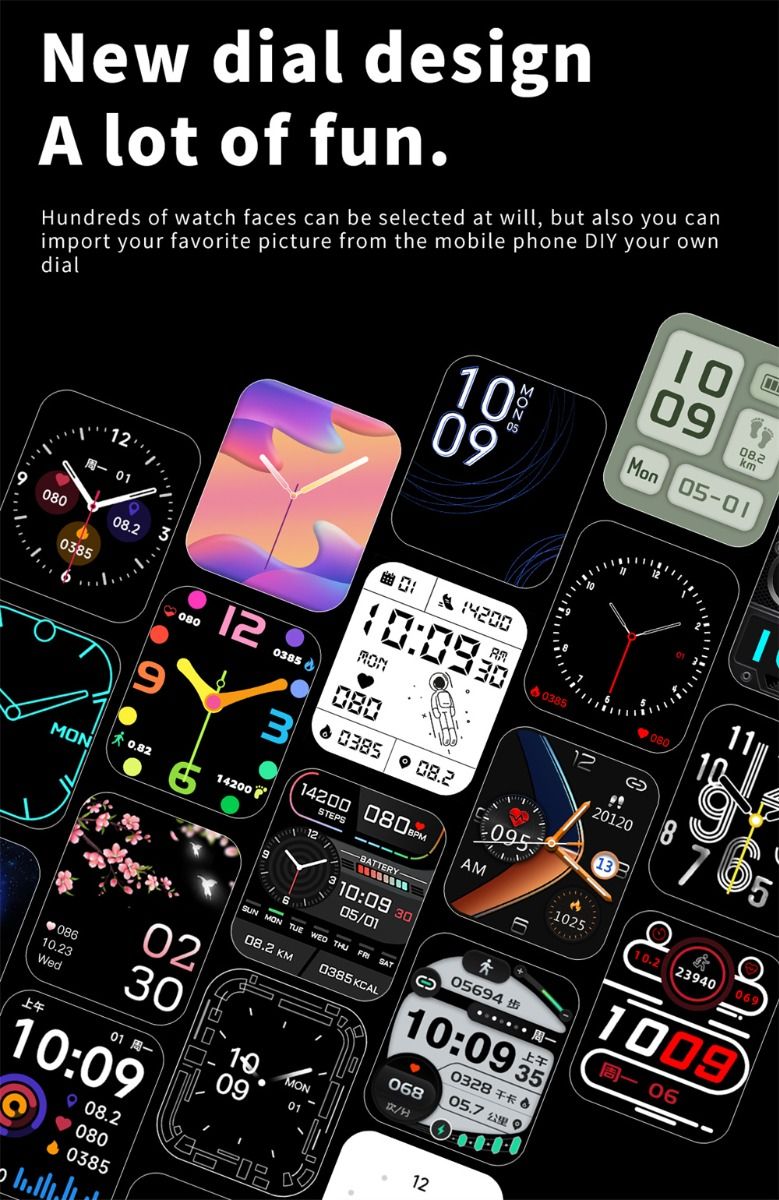 F57L Montre intelligente Glycémie Tension artérielle Fréquence cardiaque Température Surveillance sportive 1,91 pouce Sn