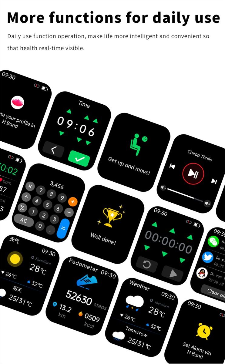 F57L Montre intelligente Glycémie Tension artérielle Fréquence cardiaque Température Surveillance sportive 1,91 pouce Sn