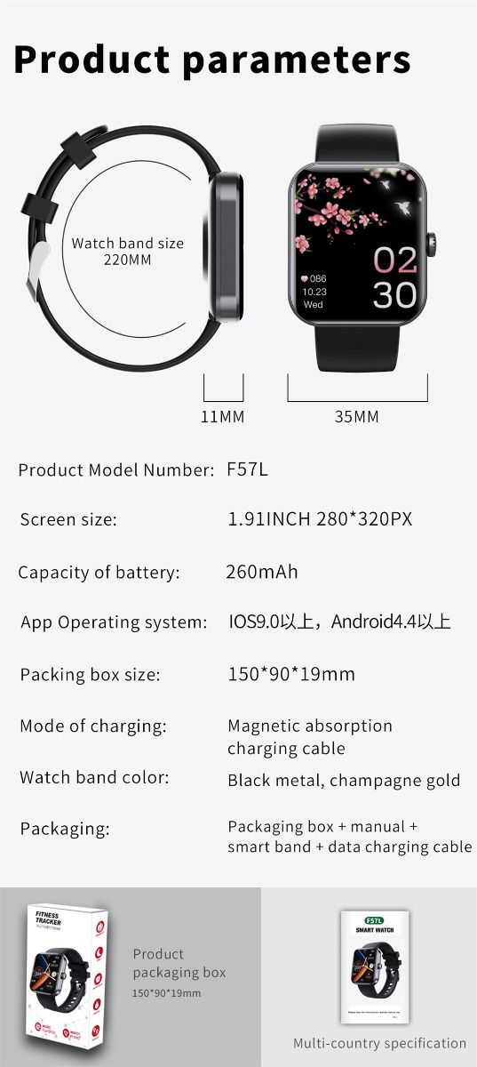 F57L Montre intelligente Glycémie Tension artérielle Fréquence cardiaque Température Surveillance sportive 1,91 pouce Sn