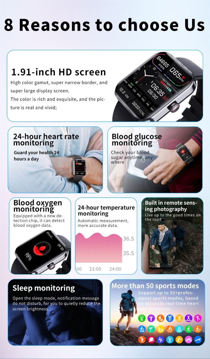 F57L Montre intelligente Glycémie Tension artérielle Fréquence cardiaque Température Surveillance sportive 1,91 pouce Sn