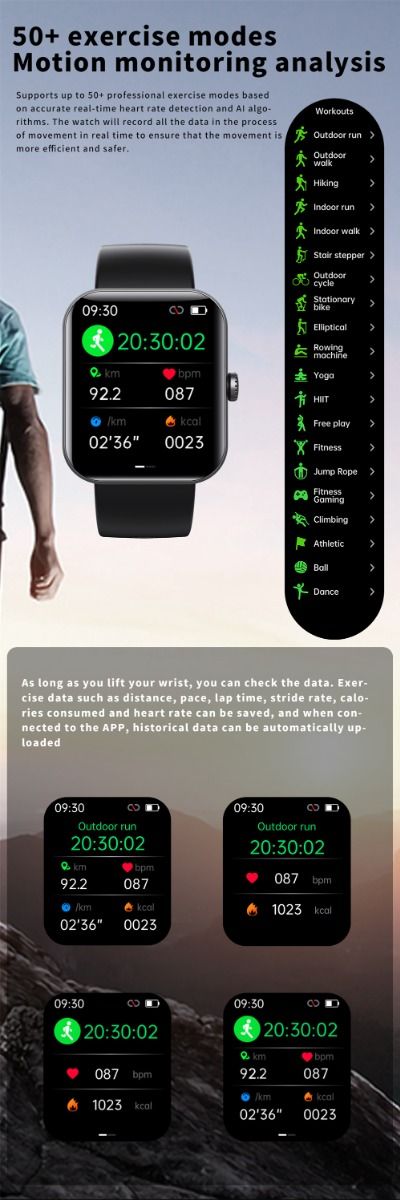 F57L Montre intelligente Glycémie Tension artérielle Fréquence cardiaque Température Surveillance sportive 1,91 pouce Sn